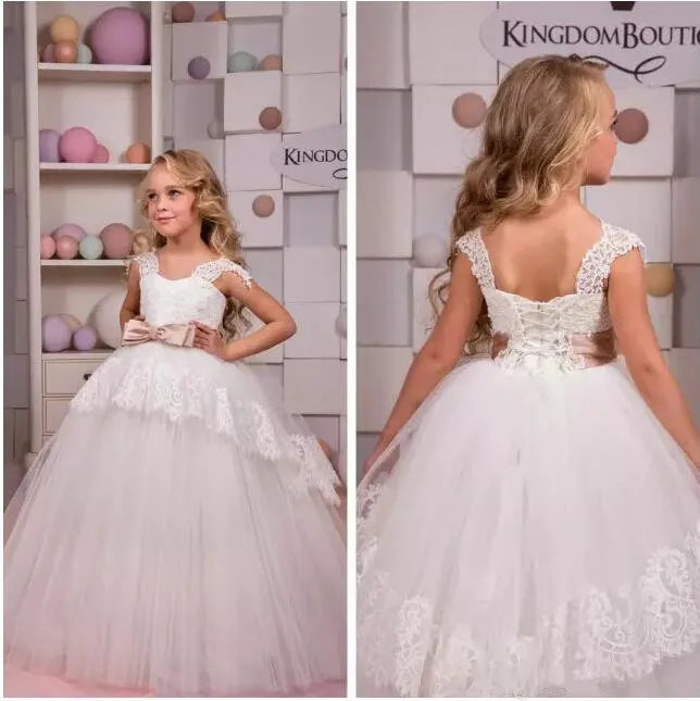 

White Ivory Lace Girls Pageant Dresses Sleeveless Bow Lace Applique Ball Gown Flower Girl Dress For Wedding Floor Length