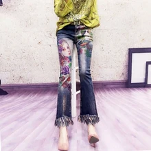 Весна Лето Высокое качество Новые женские стрейч джинсы горячие тиснения личности брюки, джинсы с яркой отделкой уличные тренды женские джинсы с бахромой