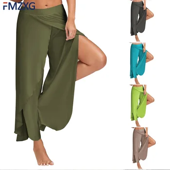 

5XL Women Solid Casual Wide Leg Long Harem India Joga Pants Ladies High Waist Loose Elastic Waist Trousers Plus Size Beach Pants
