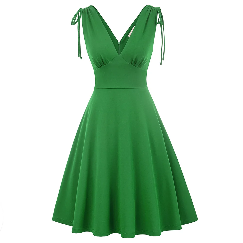 

Belle Poque Retro Vintage 2019 Womens Elegant Sleeveless Elegant Dresses Solid Color Deep V-Neck Swing Party Flared A line Dress