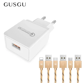 

GUSGU USB Mobile Phone Charger Quick Charge 3.0 EU Plug Wall Charger Adapter with Date Cable For iPhone Samsung Xiaomi LG