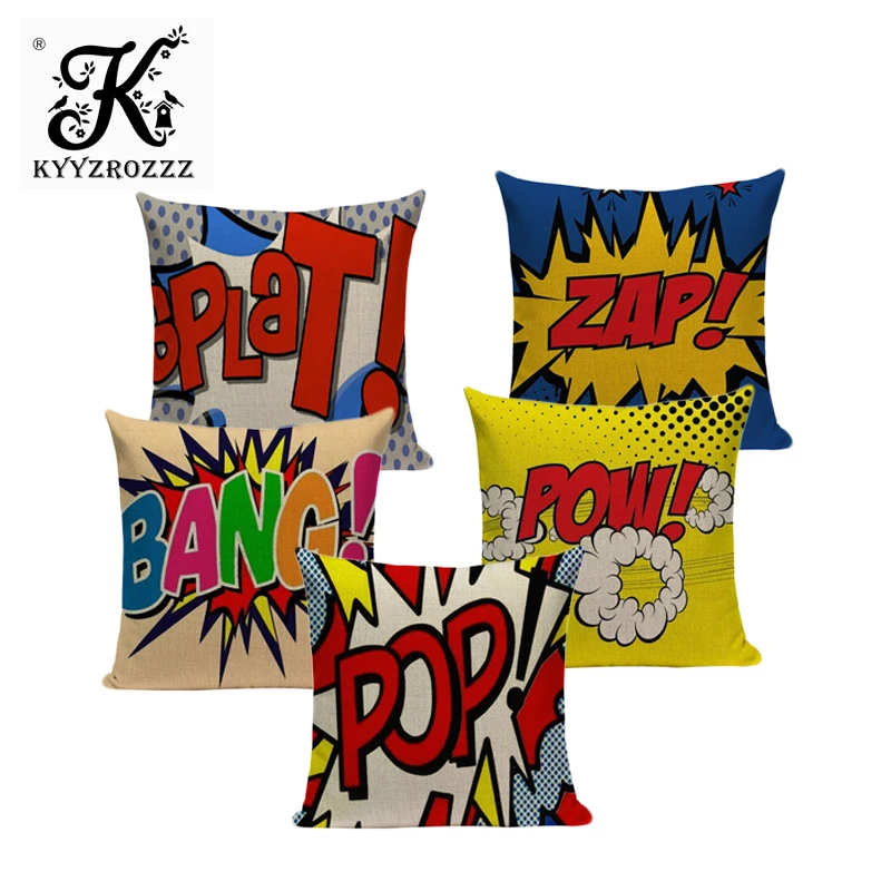 

18'' Square Color Graffiti Rock And Roll Style Cushion Covers Letters POP WOW POW BANG Superman Print Pillow Cover Pillowcase