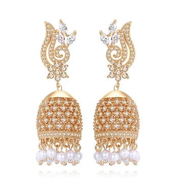 

Classic Indian Small Jhumkas Earring Engagement Wedding Bridal CZ Stone Ear Stud Pearl Earrings Gold Peacock Bell Shape Earrings