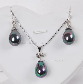 

Free Deliver Nobility Lucky Women 12x16mm South Black Sea Shell Pearl Earrings Pendant Necklace Set Hook $ Luxury Girls -jewelry