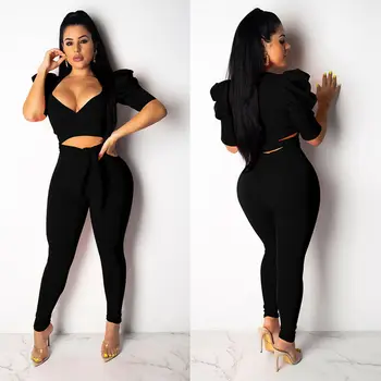 

Sexy Women Lady Deep V Short Sleeve Bandage Crop Top Long Trousers Bodycon 2 PCS Set Women Fashion Sets
