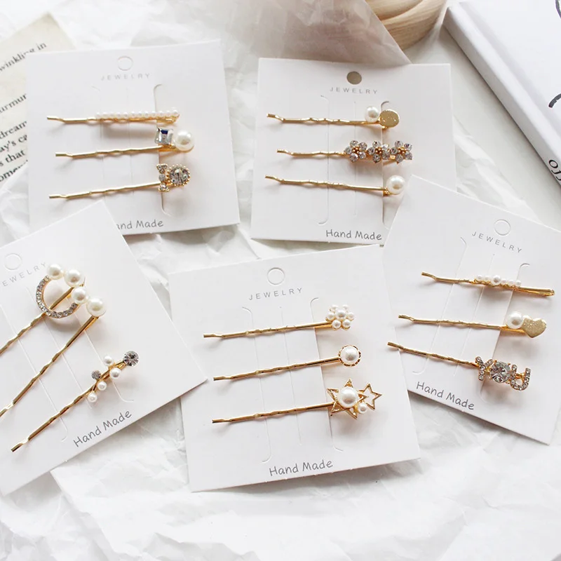 

3pcs/Set Imitiation Rhinestones Pearl Hair Clips Metal Heart flowers Hairpins Girls Barrette Hairgrip Hair Accessories New