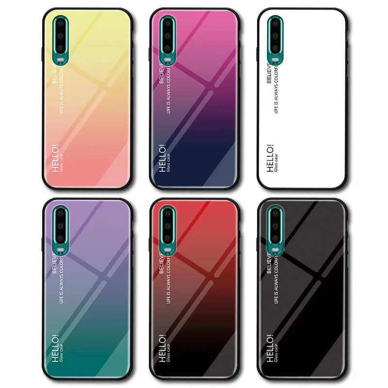Чехол для huawei P30 градиент закаленное Стекло задней панели + мягкий резиновый