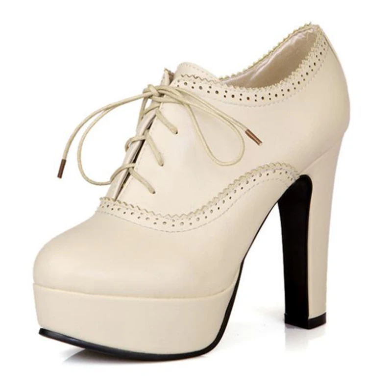 COVOYYAR/ г., винтажные женские туфли-лодочки на платформе туфли-оксфорды с вырезами Женские ботильоны на высоком квадратном каблуке со шнуровкой большие размеры, WHH652 - Цвет: Бежевый