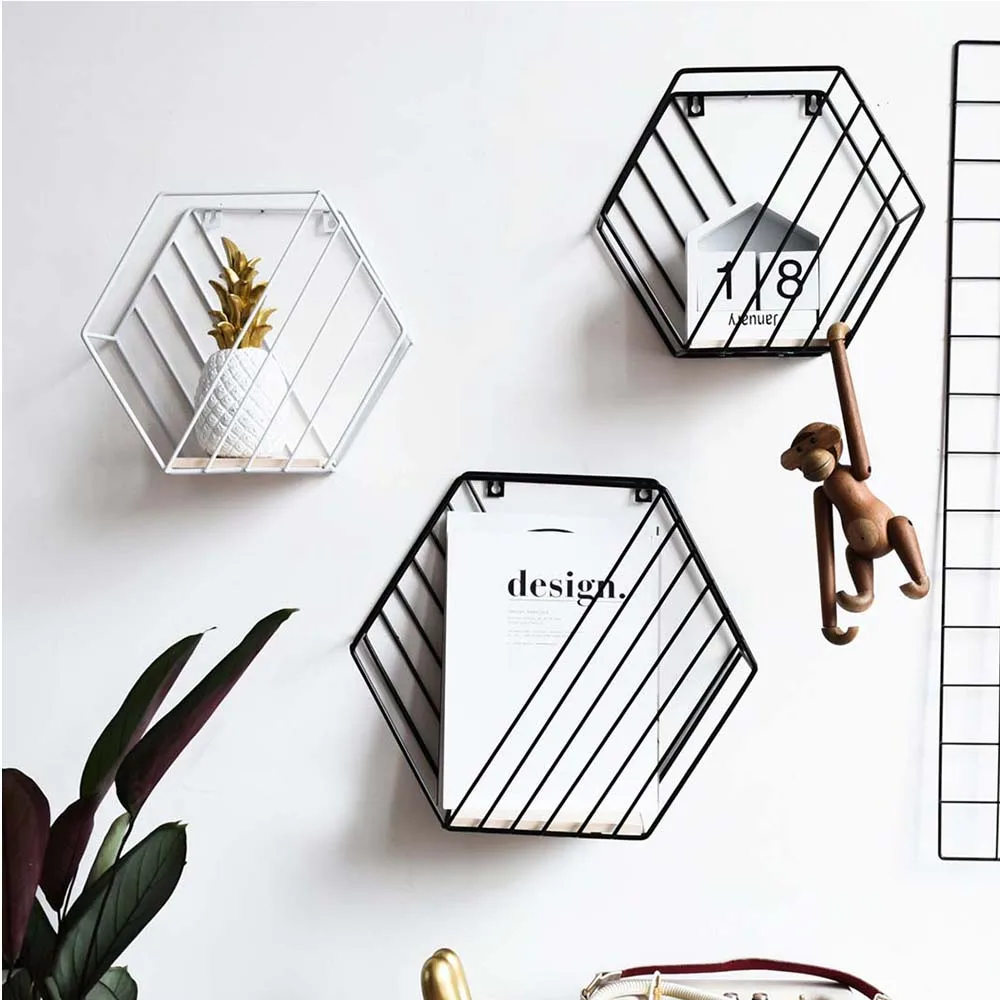 

Creative Diagonal Twill Iron Racks Hexagon Magazine Metal Bookshelf Nordic Home Wall Decor Hanging Basket No Wooden Board
