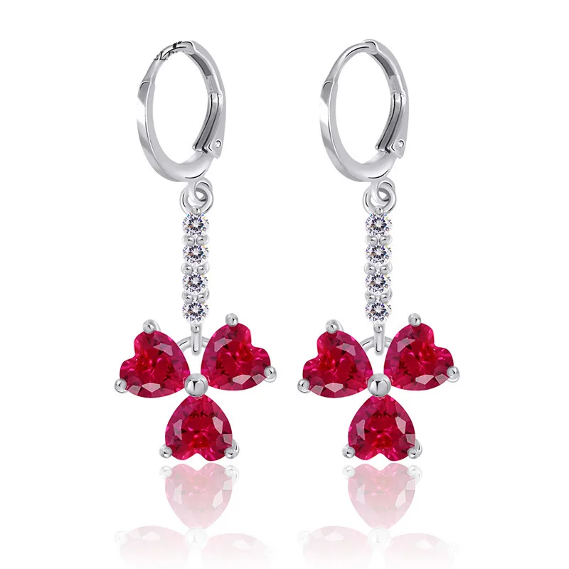 

Red Crystal Zircon Plant Flower Dangle Earrings White Gold Filled Elegant Jewelry Womens Long Earrings Clover Shaped