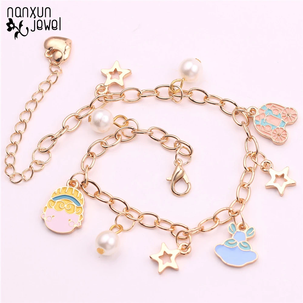 

Anime Fairy tales Stars Heart Pendant Bracelets Bangles Gold Link Chain Pearl Enamel Charm Bracelet Women Girl Jewelry Gifts