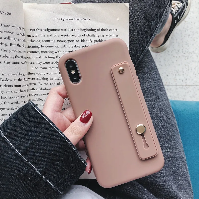 Cute candy color silicone wrist strap bracket soft phone case for iphone X XR XS MAX 6S 7 8 Plus for samsung S8 S9 S10 Note 9