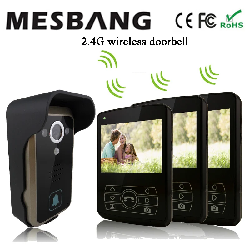 

new black color 2.4G wireless video intercom doorbell door phone camea three 3.5 inch monitor easy to install