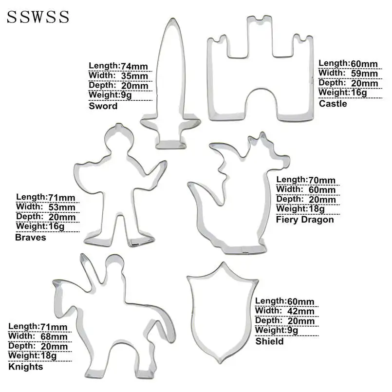 Шесть с изображениями героев мультфильмов, войнами, огненным драконов, замки, мечи, щит печенья ножи, выпечка формы, Украшение Тортов мастикой инструменты