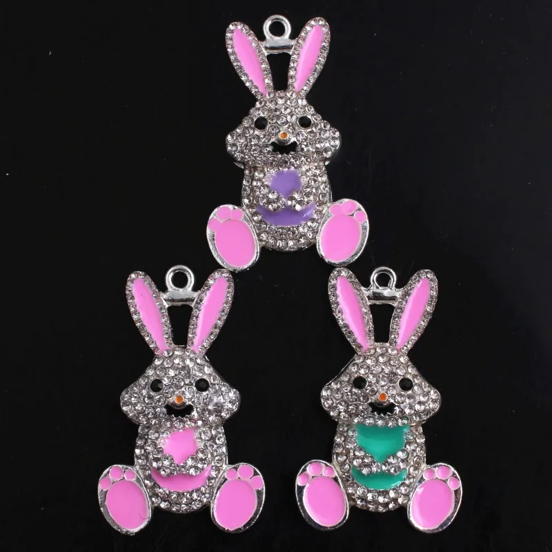 

OYKZA New 46x28mm 5pcs Zinc Alloy Metal Easter Enamel Rabbit Crystal Rhinestone Pendants for Chunky Beaded Necklace Making