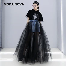 

Tulle Patchwork Denim Women's Skirt Ruffles Hight Waist Summer Skirt 2018 Fashion Tide MODA NOVA