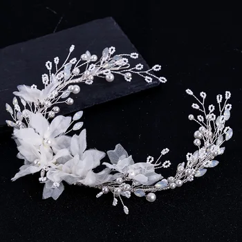 

2019 New Handmade Crystal Pearls Bride Headband Tiaras White Flower Wedding Hair Accessories Fashion Bridal Hairband Headwear