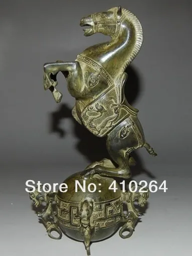 

Shipping 23cm Chinese Bronze Horse Standing on the ball & with QING Mark Statue