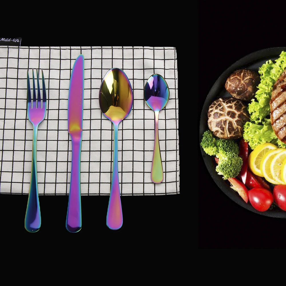 

4Pc/Set Rainbow Dinner Set Colorful Wedding Travel Cutlery Set Stainless Steel Dinner Knife Fork Scoops Silverware Set