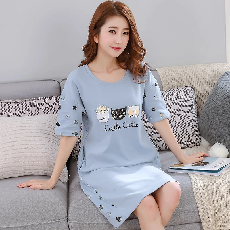 M-3XL, сексуальная летняя женская ночная рубашка, Повседневная Домашняя одежда, хлопок, короткий рукав, милый кот, принт, ночная рубашка, тонкое синее платье, одежда для сна