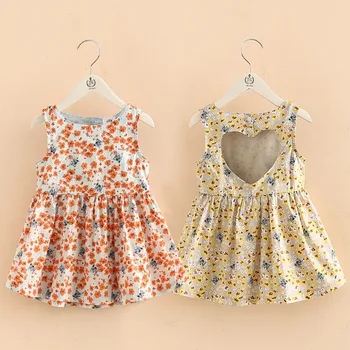 

2018 Summer 2-10T Years Sexy Heart Shape Backless Floral Full Print Princess Dance Party Prom Little Kids Girl Cottoning Dress