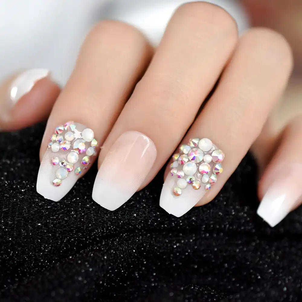 Abラインストーン設計されオンブルフレンチネイルバレリーナ勾配の自然棺偽の爪24個 False Nails Aliexpress