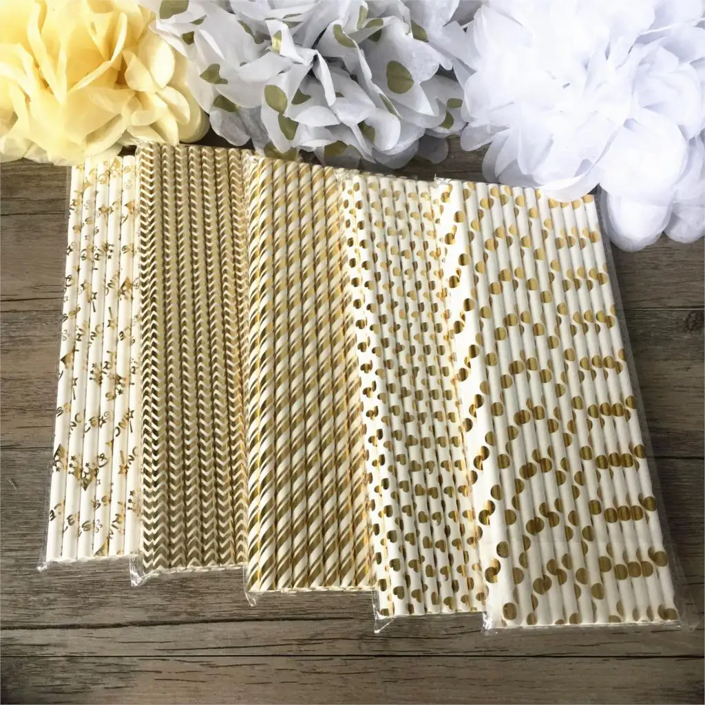 

25pcs Metallic Gold heart star Foil Stripe Paper Straws Gold Foil Stripe Paper Straws Silver Foiled stripe chevron party
