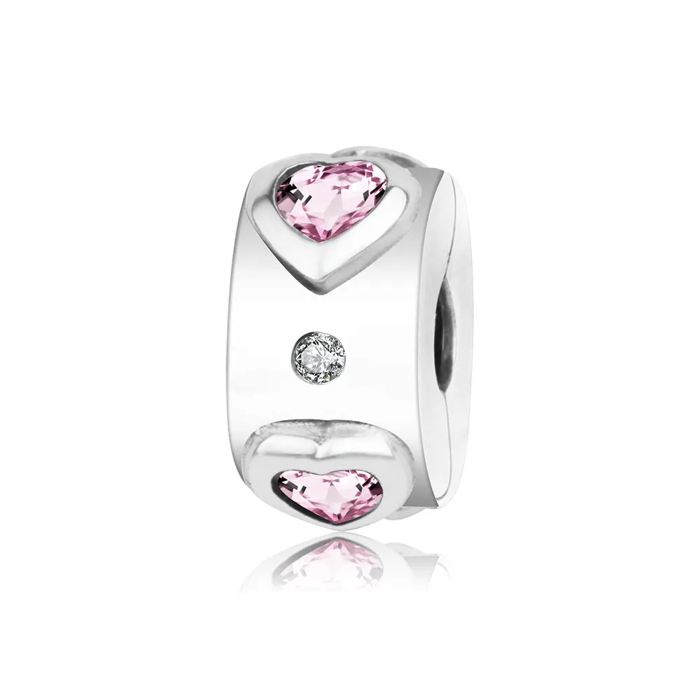 Весенняя коллекция Розовый CZ Сердце Круг Клип Подвески подходят Pandora Шарм ожерелье серебряные бусины 925 пробы DIY ювелирные изделия