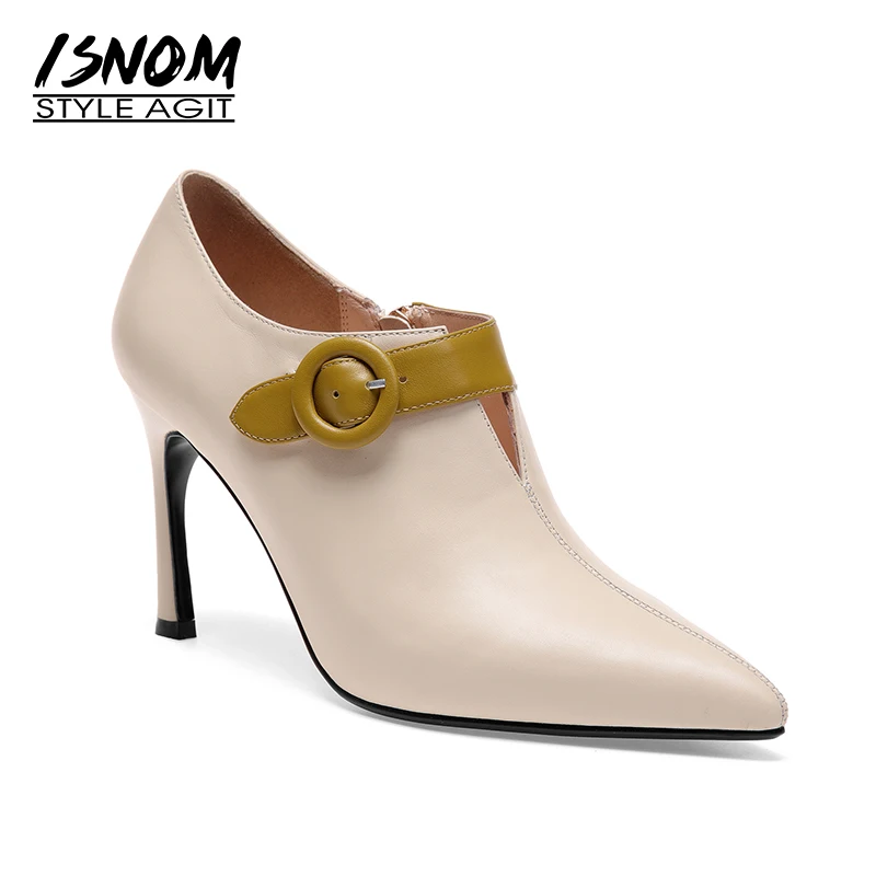 ISNOM 2018 Autumn Genuine Leather Women Pumps Zip Pointed Toe Female