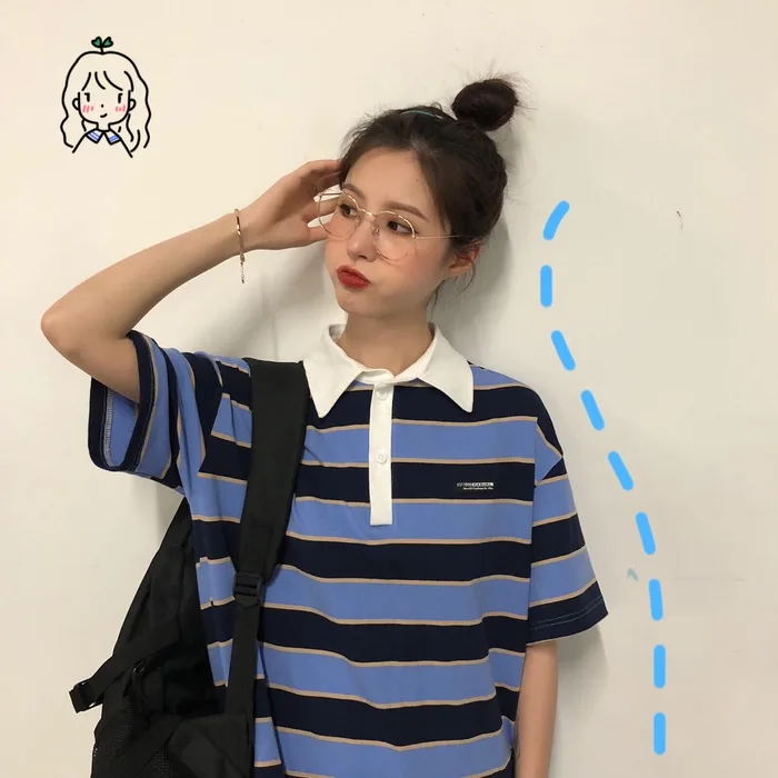 

Harajuku casual style summer loose panelled striped turn-down collar Korean Women tops streetwear Women's Clothing new T-Shirts