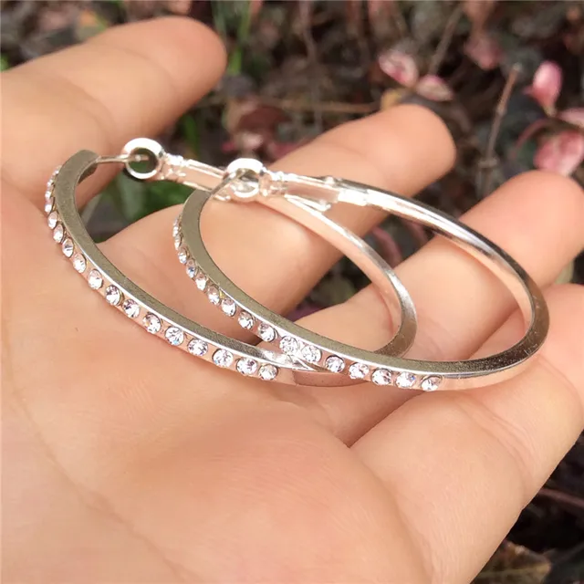 Aros De Plata Round Large Hoops Earrings Silver Plated For Aros De Plata Round Large Hoops Earrings Silver Plated For Womens Paved With Rhinestones Imitated