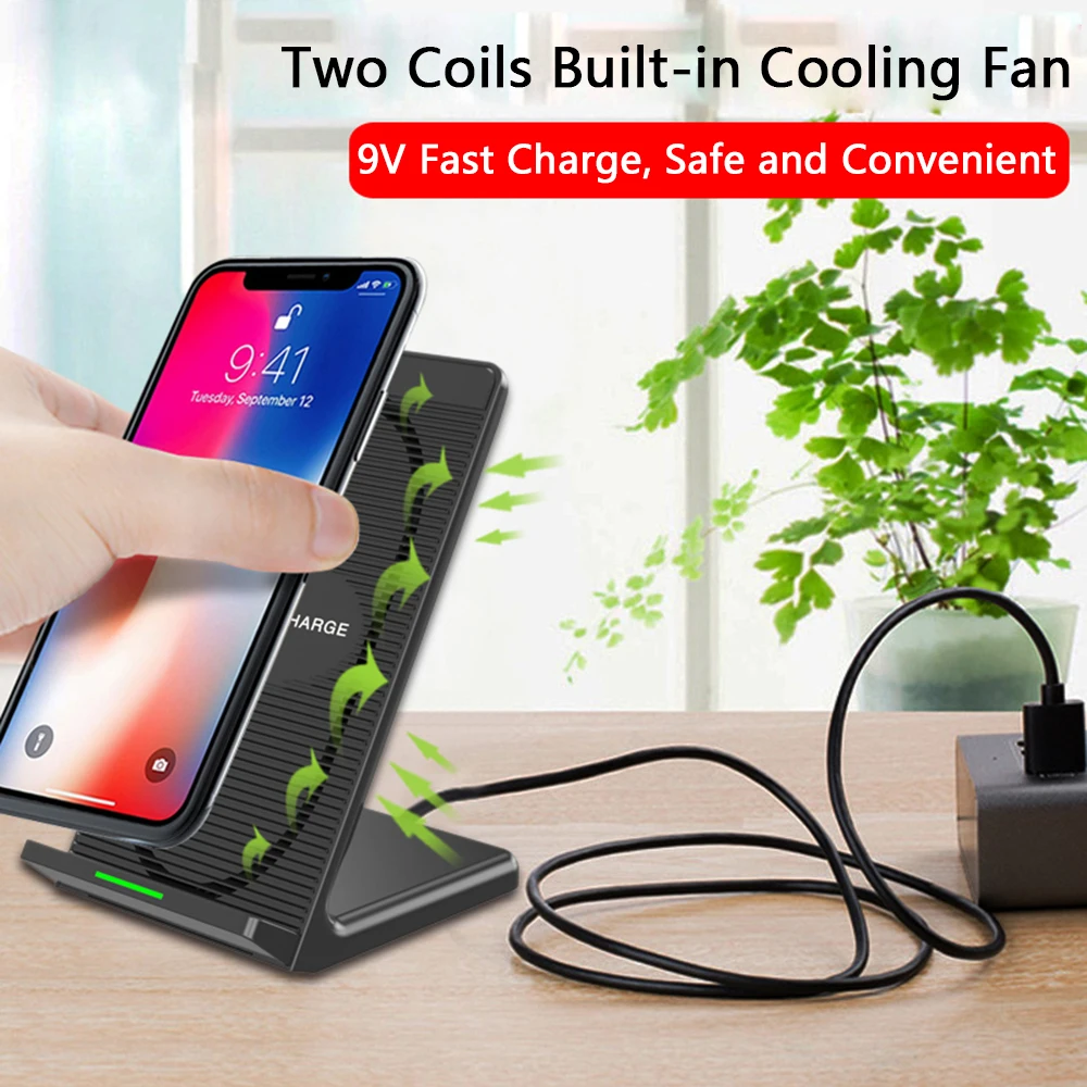 

QI Wireless Charger 2 Coils Sensor With Cooling Fan Fast Charger Phone Wireless Stand Charging For iPhone 8 X S8 Note 8