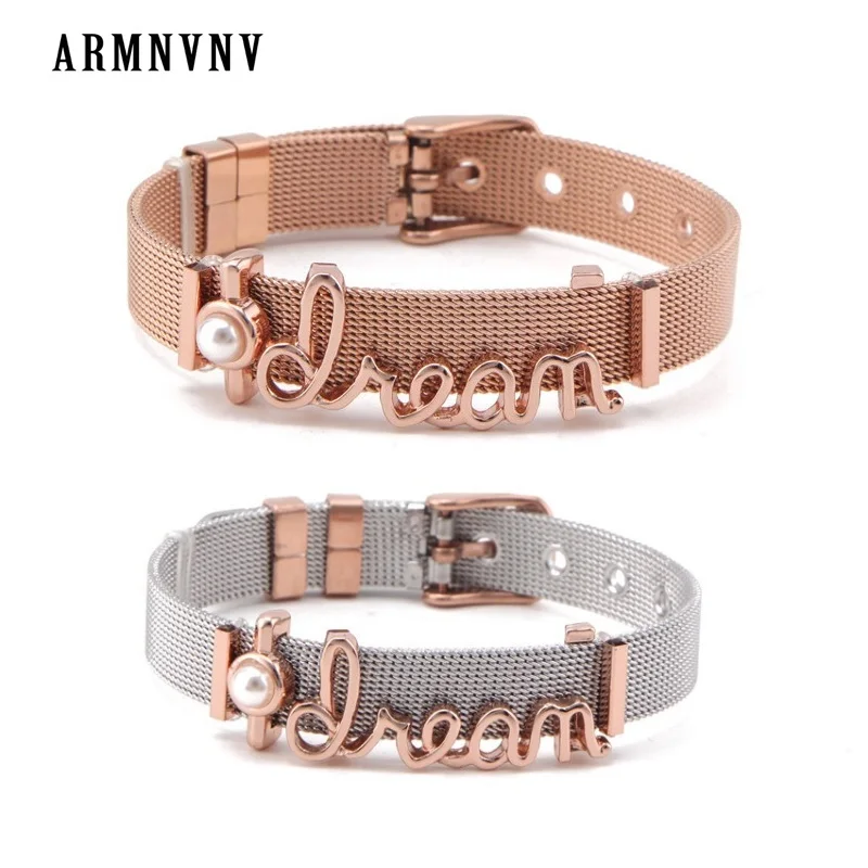ARMNVNV KEEPERING Mesh браслет из нержавеющей стали с жемчугом &amp Мечта Подвески буквами