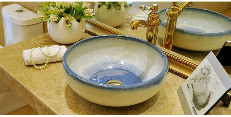 Glazed Bathroom Lavabo Ceramic Counter Top Wash Basin Cloakroom Hand Painted Vessel Sink bathroom sinks vintage vanity sink (1)