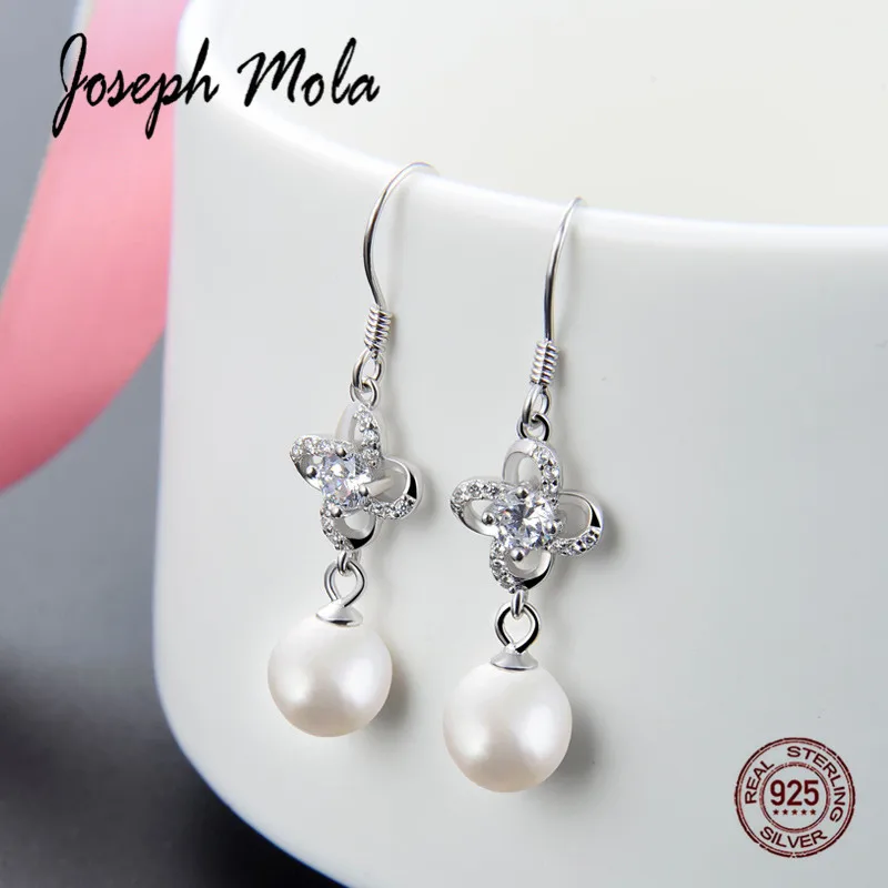 

Joseph Mola 925 Sterling Silver Earring Natural Fresh Water Pearl Zirconia Flower Women's Drop Earrings Party Fashion Jewelry