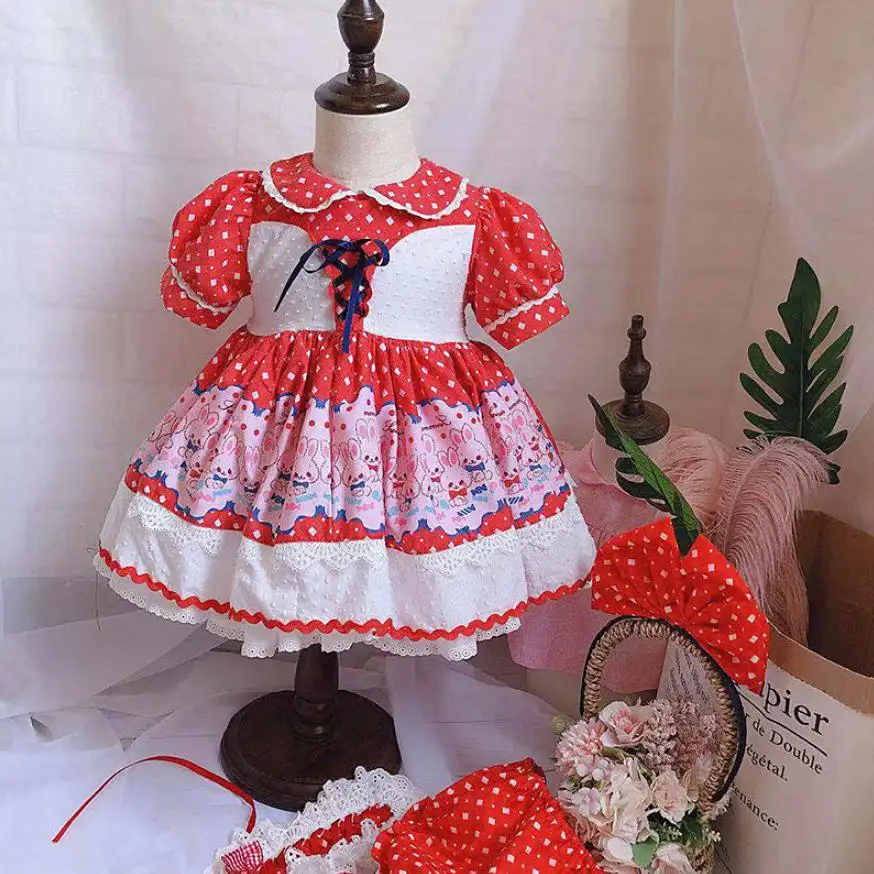 

4PCS 2019 Autumn Spanish Lolita Dress For Girl Birthday Party Dot Print Spliced Cute Dress Modis Kids Clothes Vestidos Y1792