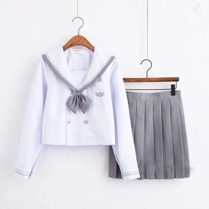 Новое поступление, школьная форма для девочек, Jk, морской моряк, костюм для женщин, японская школьная форма, белый топ+ серая юбка