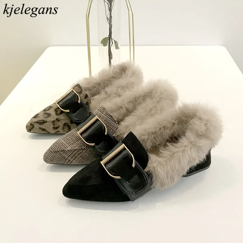 

Kjelegans 2018 leopard buckle fashion pointed toe Women Pumps high quality plush fur ladies corase heels shoes zapatillas mujer