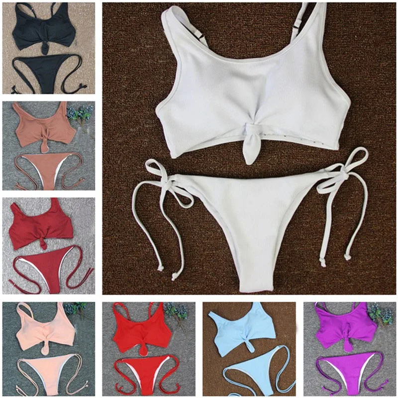 

2019 bikini Women Swimsuit white Pure Color Bikini Set Padding Vest Bikini Low Wait Bandage Swimwear Crop tops bikinis