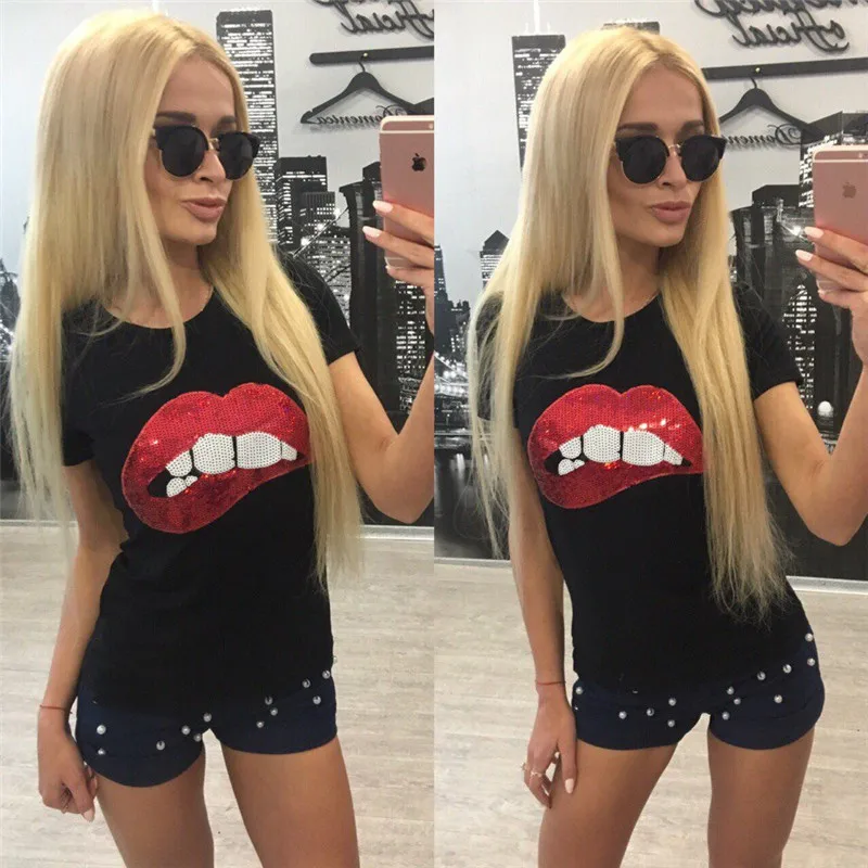 8 Cotton tshirt women tops sexy lip sequin top t shirt women clothing summer short sleeve o-neck camiseta poleras de mujer
