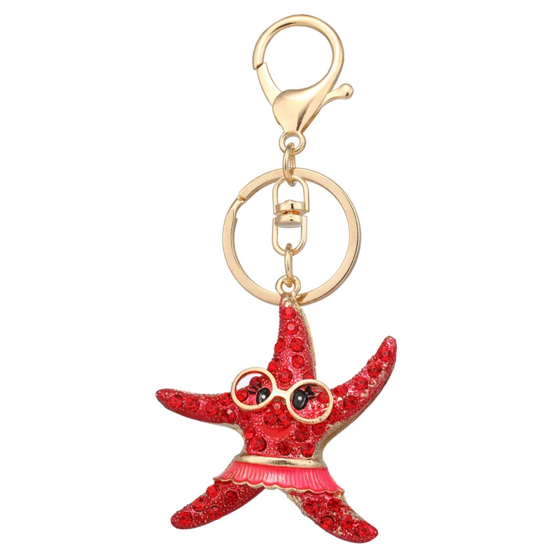 

High Quality 2019 New Cartoon Sea World Starfish Pearl Shell Keychain Key Chain KeyRing Crystal Pendant Keychain Women Gift