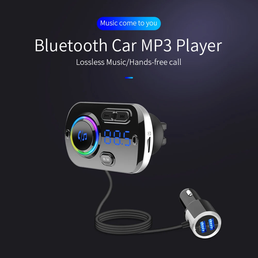 Rainbow Colors Bluetooth Hands-free Calling Car Kit FM Radio MP3 Music Player USB Car Charger Support 2 Phone Connection TF Card