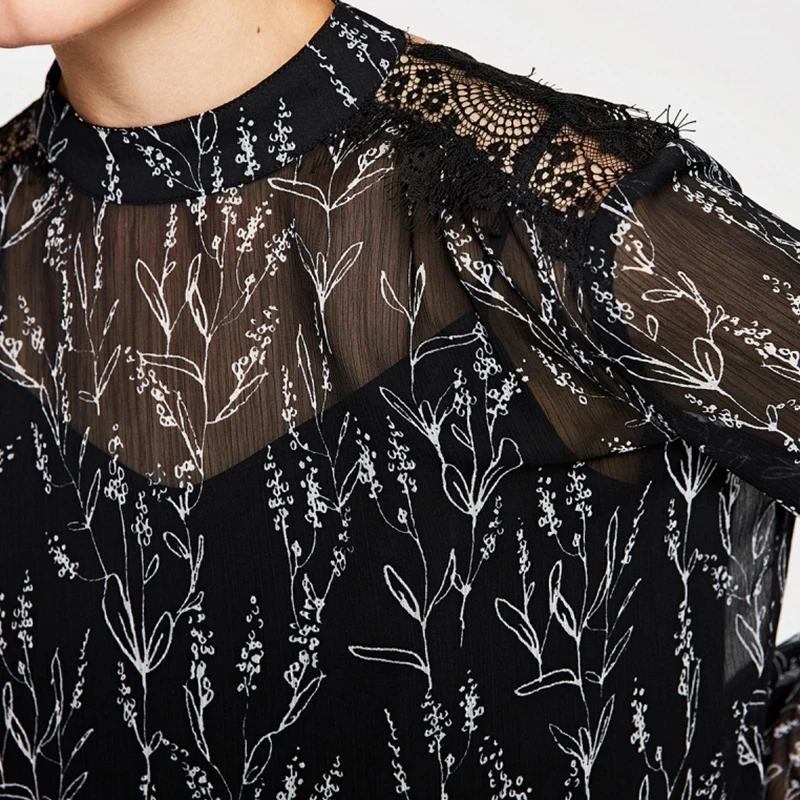 HYH HAOYIHUI Lace Patchwork Printed Pattern Dress Key Hole Back Long Sleeve Shift Women Dresses Vintage Party Mini Fashion|women dress