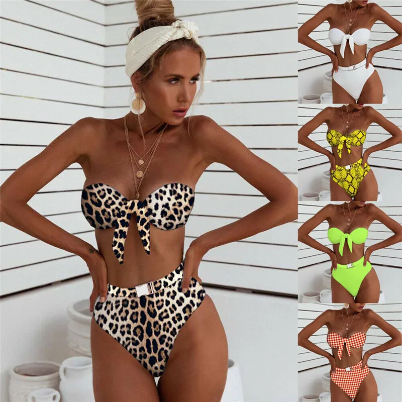 

GLANE Sexy Women Summer Swimwear High Waist Bikini Set Push-up Padded Bra Bathing Suit Swimsuit Hot Lady Swimming Beachwear