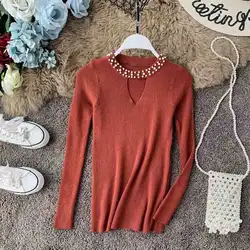 Женский свитер осень-зима 2019, длинный рукав, круглый вырез, вязаный свитер, пуловер, Высокоэластичный облешающий джемпер, джемпер