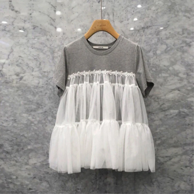 

2019 Spring Summer New Women T Shirt Wild Fashion Casual Mesh Stitching T-shirt Female Short-sleeved Cotton Tops 100%Cotton