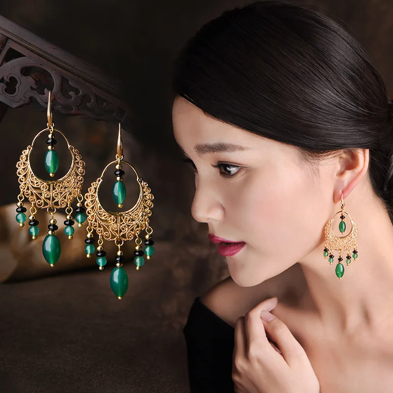 

Chinese Style Exaggerated Tassels 14 K Natural Green Beads Earrings Long-style Earrings Ethnic Jewelry