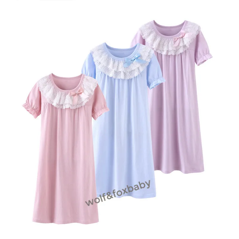 Retail 4-16 years cotton short-sleeved nightdress lace pajamas home service spring fall autumn Sleepwear & Robes hot