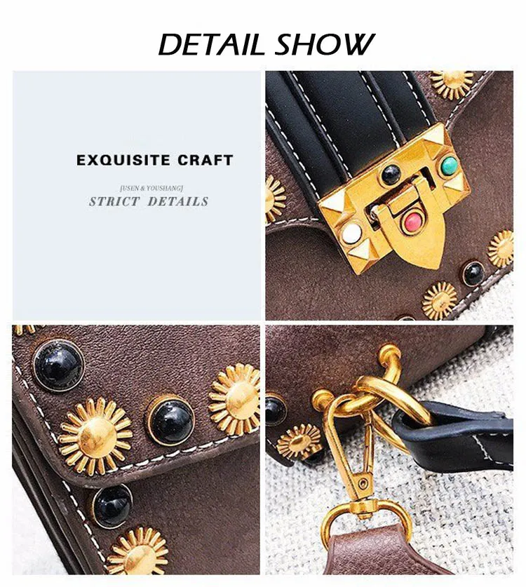 Women's Rivets Vintage Leather Crossbody Bag Small Black Brown Punk Handbag Lock Decoration Shoulder Bag Designer Cross Body Bag (3)