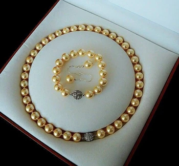 

hot sell new - 12695 Rare 10mm Real South Sea Golden Shell Pearl Necklace Bracelet Earrings Set AAA NEW